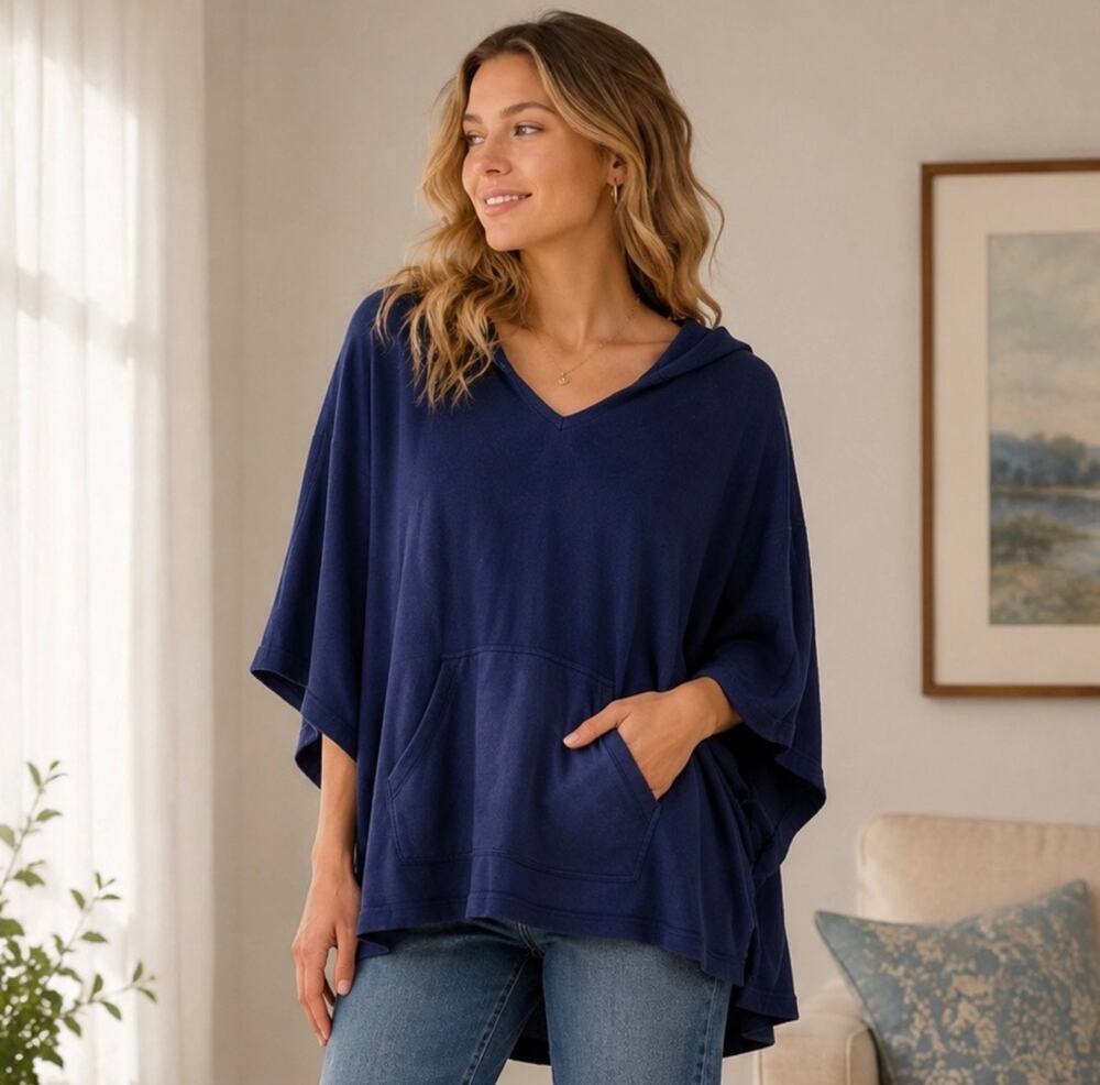 XCVI Navy Hooded Oversized Poncho Top Small